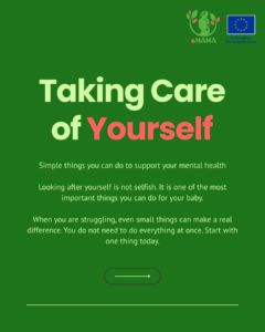 Cover slide of an eMAMA guide titled "Taking Care of Yourself — simple things you can do to support your mental health." Reminds mothers that looking after themselves is not selfish and that small steps can make a real difference.