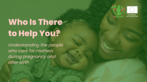 Cover slide of an eMAMA guide titled "Who Is There to Help You? — understanding the people who care for mothers during pregnancy and after birth." Shows a mother holding her baby.