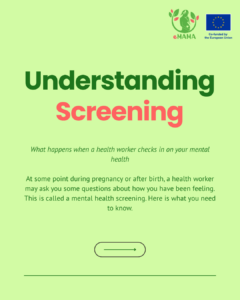 Cover slide of an eMAMA guide for mothers titled "Understanding Screening — what happens when a health worker checks in on your mental health." Introduces screening as a set of questions a health worker may ask during or after pregnancy.