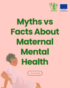 Cover slide of an eMAMA guide titled "Myths vs Facts About Maternal Mental Health." Shows an illustration of a mother sitting thoughtfully.