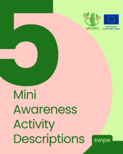 Cover slide of an eMAMA carousel titled "5 Mini Awareness Activity Descriptions." Pink and green design with swipe prompt.