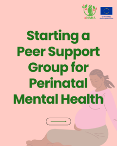 Cover slide of an eMAMA kit titled "Starting a Peer Support Group for Perinatal Mental Health." Pink background with an illustration of a pregnant woman seated calmly.