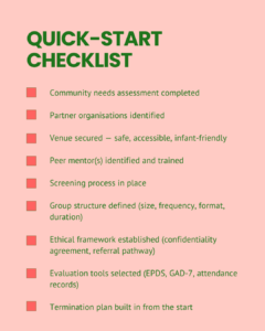 Quick-start checklist with nine items to confirm before launching a peer support group: community needs assessment completed; partner organisations identified; venue secured (safe, accessible, infant-friendly); peer mentors identified and trained; screening process in place; group structure defined (size, frequency, format, duration); ethical framework established (confidentiality agreement, referral pathway); evaluation tools selected (EPDS, GAD-7, attendance records); and termination plan built in from the start.