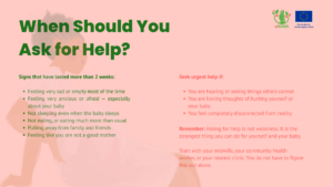 Slide titled "When Should You Ask for Help?" listing signs that have lasted more than two weeks (persistent sadness, anxiety, sleep problems, withdrawal from family) and urgent signs that need same-day help (thoughts of harm, hearing or seeing things others cannot, severe disconnection). Reassures that asking for help is not weakness.
