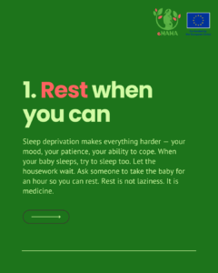 Slide titled "Rest when you can." Explains that sleep deprivation makes everything harder and suggests sleeping when the baby sleeps, letting housework wait, and asking someone to take the baby so you can rest.