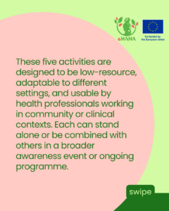 Introduction slide explaining that the five activities are low-resource, adaptable to different settings, and usable by health professionals working in community or clinical contexts. Each activity can stand alone or be combined with others in a broader awareness event or ongoing programme.