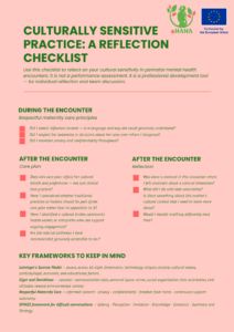 Page 2 of the same eMAMA reflection checklist, continuing the reflection prompts. During the encounter, under respectful maternity care principles, prompts cover informed consent in a language the mother genuinely understands, respect for her autonomy even where the practitioner disagrees, and maintaining privacy and confidentiality. After the encounter, the care plan section asks whether the plan reflects her cultural beliefs and preferences rather than only clinical best practice, whether traditional practices or healers should be part of the plan rather than in opposition to it, whether a cultural broker or community health worker has been identified, and whether referral pathways are genuinely accessible. The reflection section asks about moments of cultural uncertainty during the encounter and what the practitioner did with that uncertainty, what they need to learn more about, and what they would handle differently next time. The page closes with four key frameworks to keep in mind: Leininger's Sunrise Model (eight dimensions including technology, religion, kinship, cultural values, political and legal, economic, and educational factors); Giger and Davidhizar (communication style, personal space norms, social organisation, time orientation, attitudes toward environmental control); Respectful Maternity Care (informed consent, privacy, confidentiality, freedom from harm, continuous support, autonomy); and SPIKES framework for difficult conversations (Setting, Perception, Invitation, Knowledge, Emotions, Summary and Strategy).