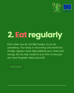 Slide titled "Eat regularly." Reminds mothers that the body needs fuel to recover and that simple, regular meals help stabilise mood and energy, even when appetite is low.