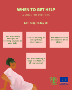 eMAMA guide for mothers titled "When to get help — get help today if." Lists four urgent warning signs: thoughts of harming yourself or your baby, hearing or seeing things others cannot, feeling confused or unable to think clearly, and behaving in ways that feel out of your control.