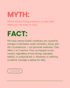 Myth and fact slide on the belief that mental illness during or after pregnancy means a mother is weak or crazy. Explains that perinatal mental health conditions are caused by hormones, brain chemistry, stress, and life circumstances — not weakness — and can affect any woman regardless of strength, education, faith, or character.