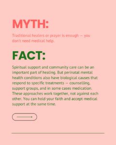 Myth and fact slide on the belief that traditional healers or prayer alone are enough and medical help is not needed. Explains that spiritual and community care can be an important part of healing, but perinatal mental health conditions also have biological causes that respond to specific treatments. Both approaches can work together.
