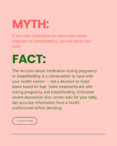 Myth and fact slide on the fear that medication during pregnancy or breastfeeding will harm the baby. Explains that decisions about medication should be made in conversation with a health worker, that some treatments are safe, and that untreated severe depression also carries risks for the baby.