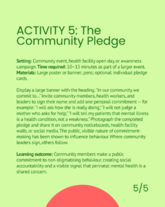 Activity 5: The Community Pledge. A 10–15 minute activity within a larger community event, health facility open day, or awareness campaign. Participants sign a public banner reading "In our community, we commit to…" with a personal commitment to non-stigmatising behaviour. Learning outcome: visible public commitment creates social accountability and signals that perinatal mental health is a shared concern.