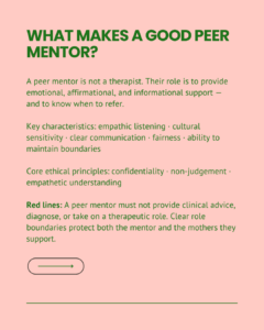Slide on the role of a peer mentor, clarifying that mentors provide emotional, affirmational, and informational support — not therapy. Lists key characteristics (empathic listening, cultural sensitivity, clear communication, fairness, ability to maintain boundaries) and core ethical principles (confidentiality, non-judgement, empathetic understanding). States red lines: peer mentors must not provide clinical advice, diagnose, or take on a therapeutic role.