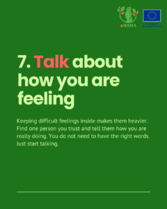 Slide titled "Talk about how you are feeling." Encourages mothers to find one person they trust and share how they are really doing, reassuring that they do not need the right words — just to start talking.