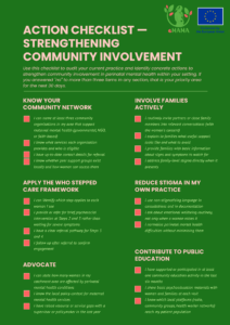 eMAMA action checklist for health professionals titled "Strengthening Community Involvement." A self-audit tool with six sections to identify priority areas for the next 30 days: Know Your Community Network, Apply the WHO Stepped Care Framework, Advocate, Involve Families Actively, Reduce Stigma in My Own Practice, and Contribute to Public Education. Each section contains three to four practice items to check, covering knowledge of local services, referral pathways, family engagement, non-stigmatising language, and participation in community education.