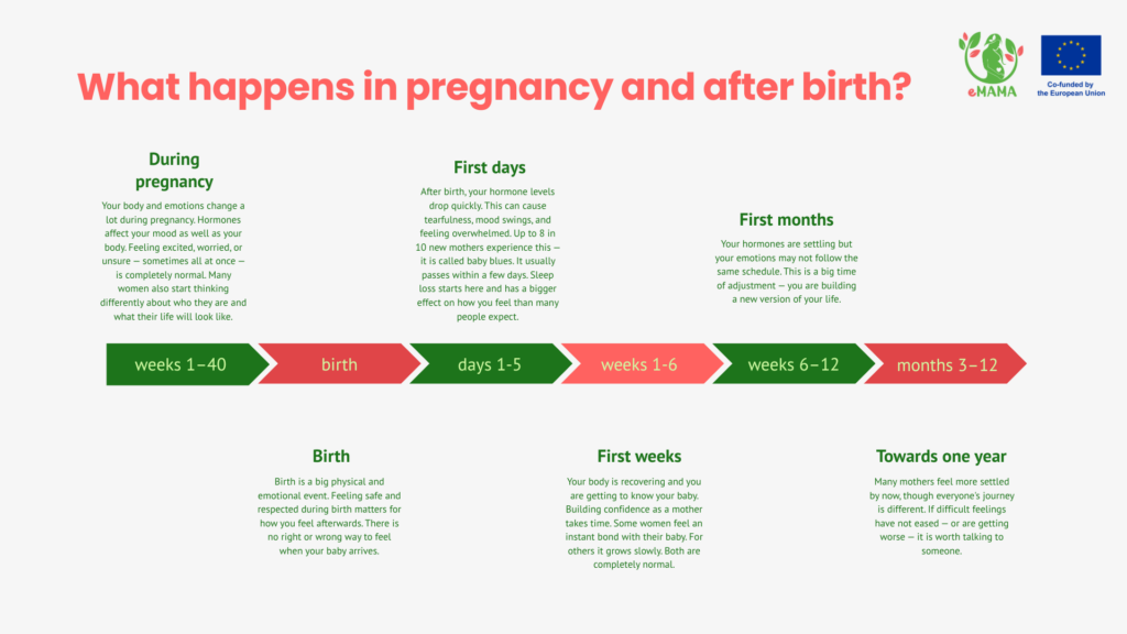 eMAMA infographic showing emotional changes from pregnancy through the first year after birth, divided into six stages: during pregnancy, birth, first days, first weeks, first months, and towards one year. Each stage describes the hormonal and emotional shifts that are common at that time.